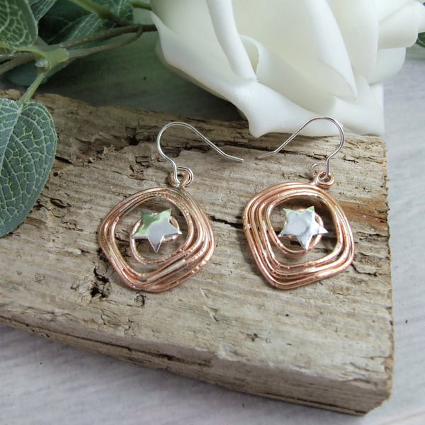 Earrings, Rustic Coiled Copper Wire and Sterling Silver Star Droppers