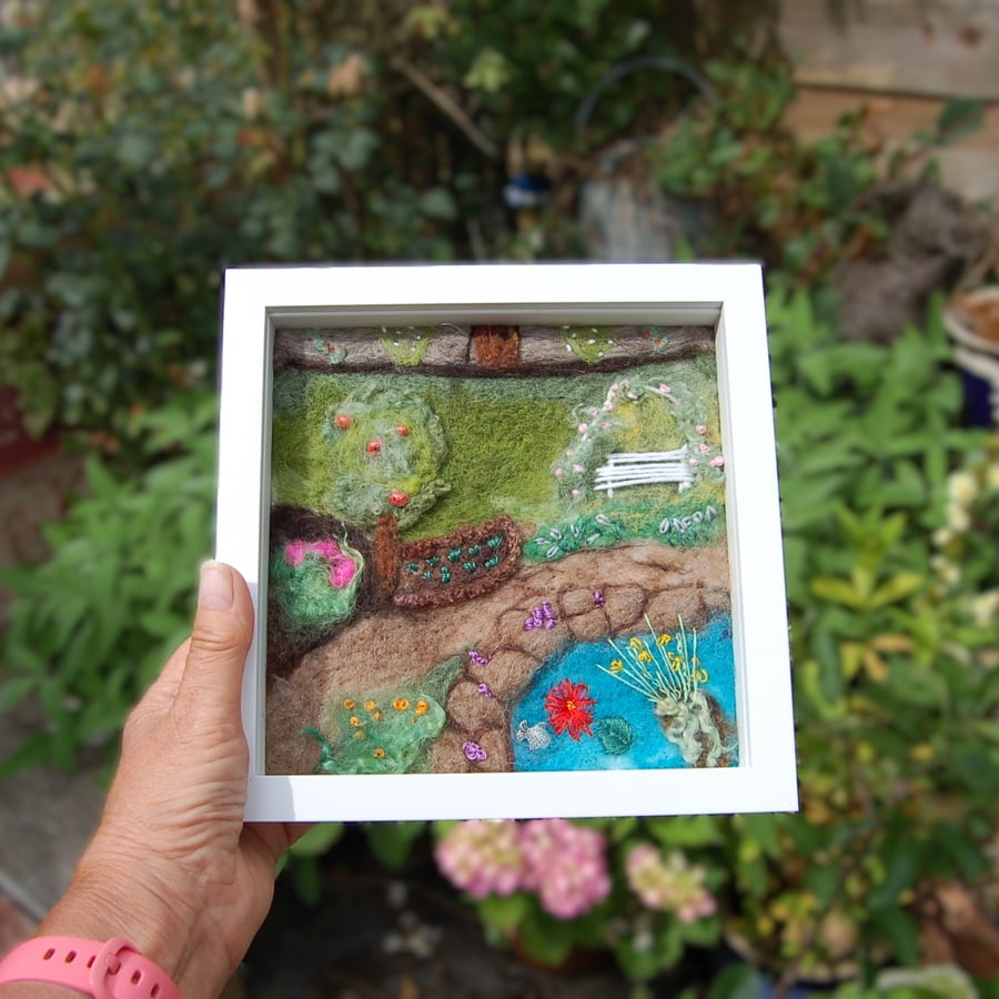 Needle felted and hand embroidered wool picture - walled garden