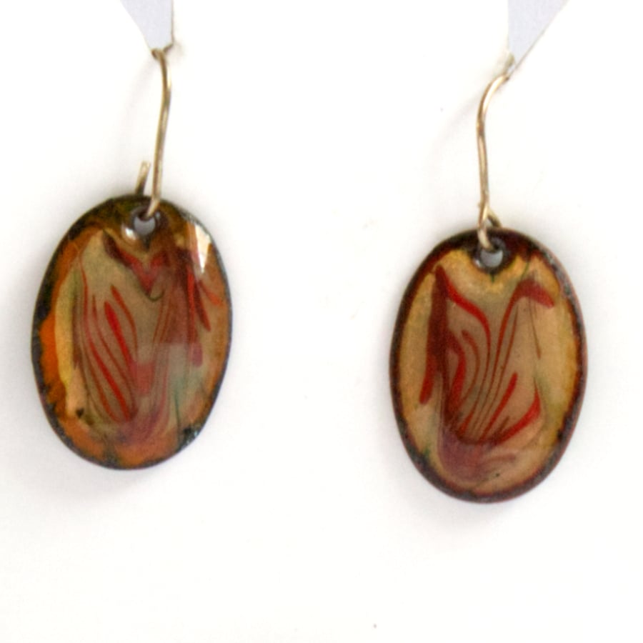 Earrings - oval scrolled red-brown over clear enamel