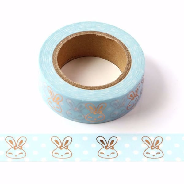 Blue with Rose Gold Foil Rabbits Washi Tape 15mm x 10 Meters Eco Friendly Bullet