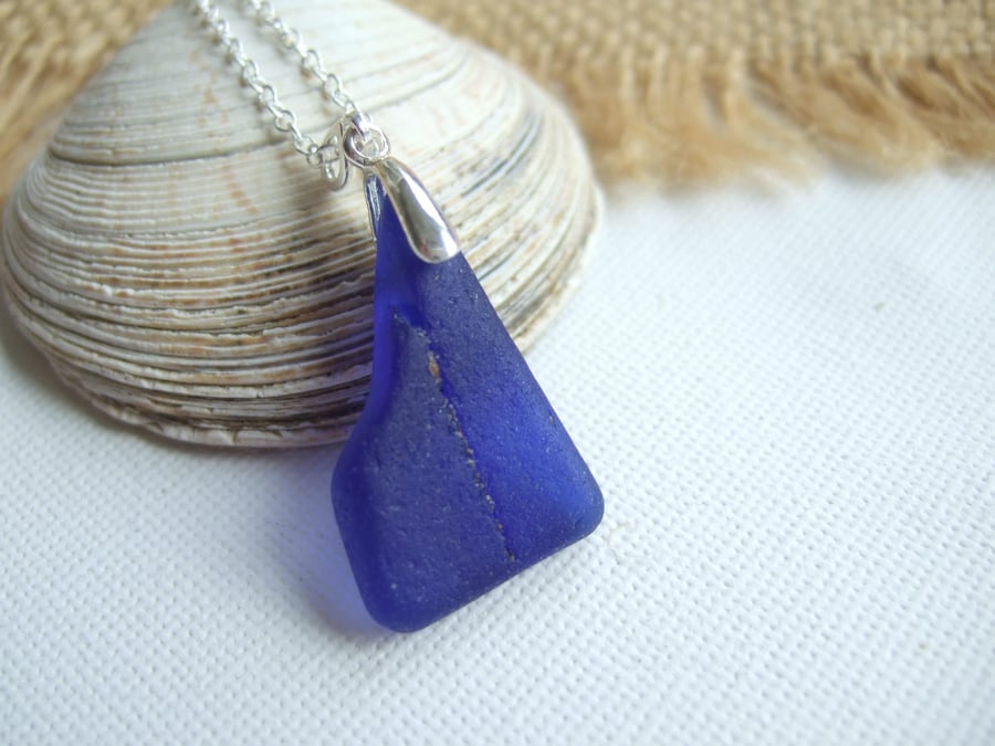 Scottish blue sea glass necklace, blue beach glass pendant, wave shaped