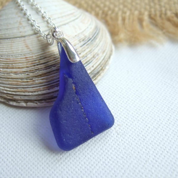 Scottish blue sea glass necklace, blue beach glass pendant, wave shaped