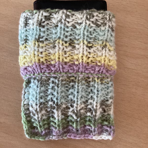 MOBILE PHONE SLEEVE 8x3.5" OR 20x9cm HAND KNITTED IN MULTICOLOURED YARN