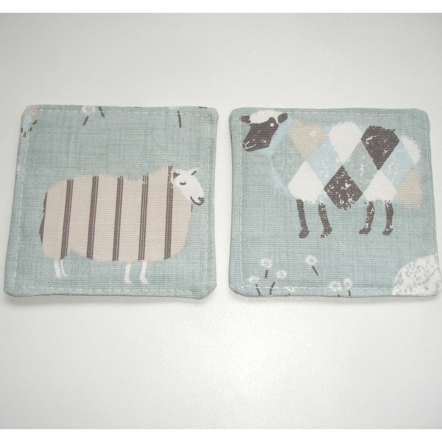 2 Sheep Fabric Coaster Coasters Pair of Two Cotton Washable