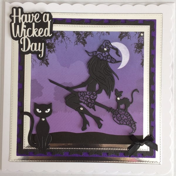 Pagan Halloween Card Have a Wicked Day Sexy Witch Cats 3D Luxury Purple 5