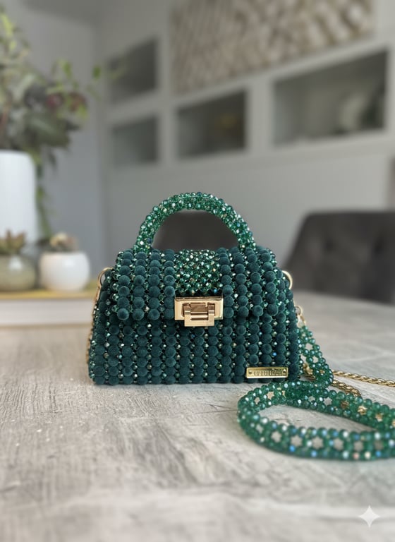 Green Crystal Beaded Bag, Evening Handbag with Chain, Small Formal Purse