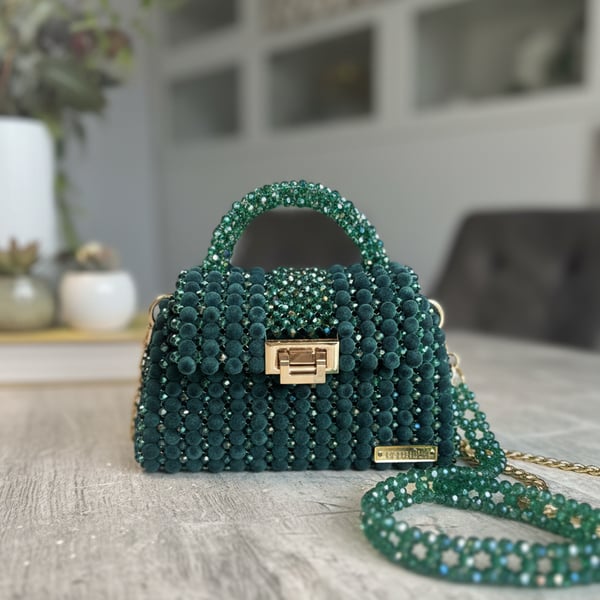 Green Crystal Beaded Bag, Evening Handbag with Chain, Small Formal Purse