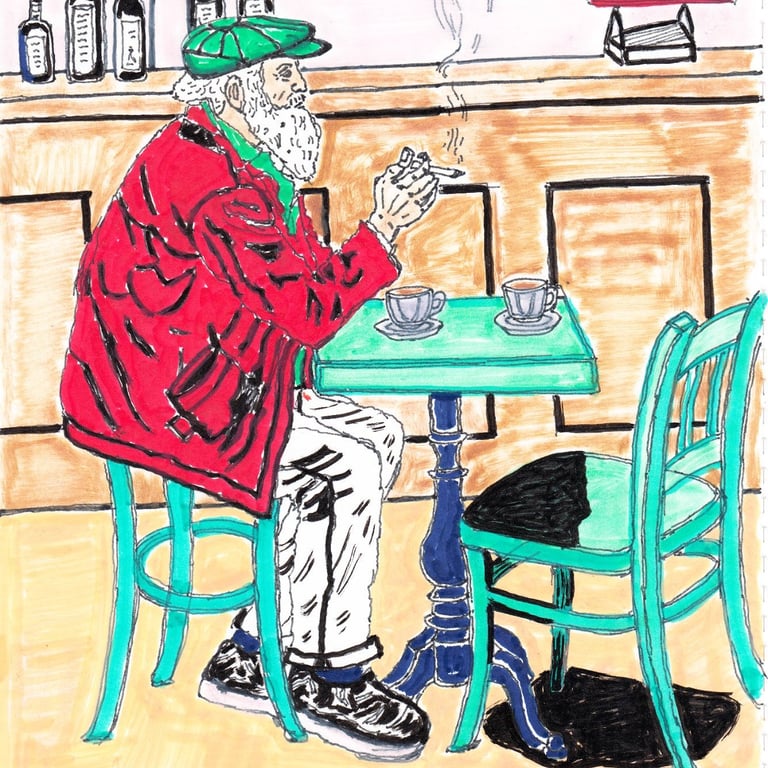 Lonely Man Smoking in Café – Mixed Media Storytelling Art