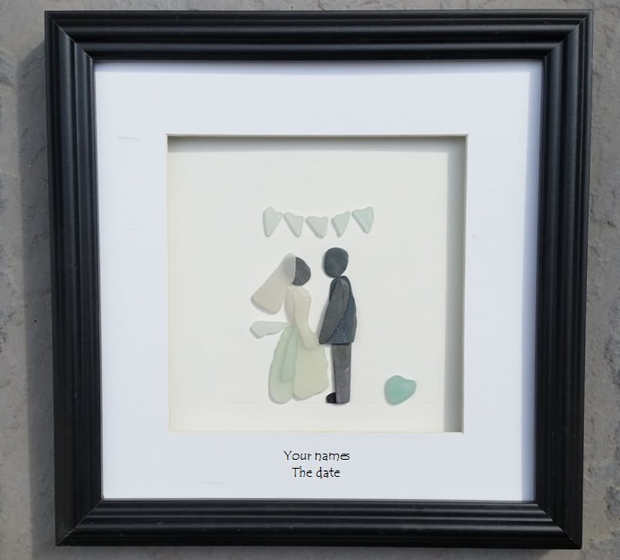 Wedding Day Portrait, bride and groom, wedding gift, pebble picture, sea glass 