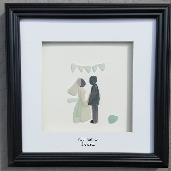 Wedding Day Portrait, bride and groom, wedding gift, pebble picture, sea glass 