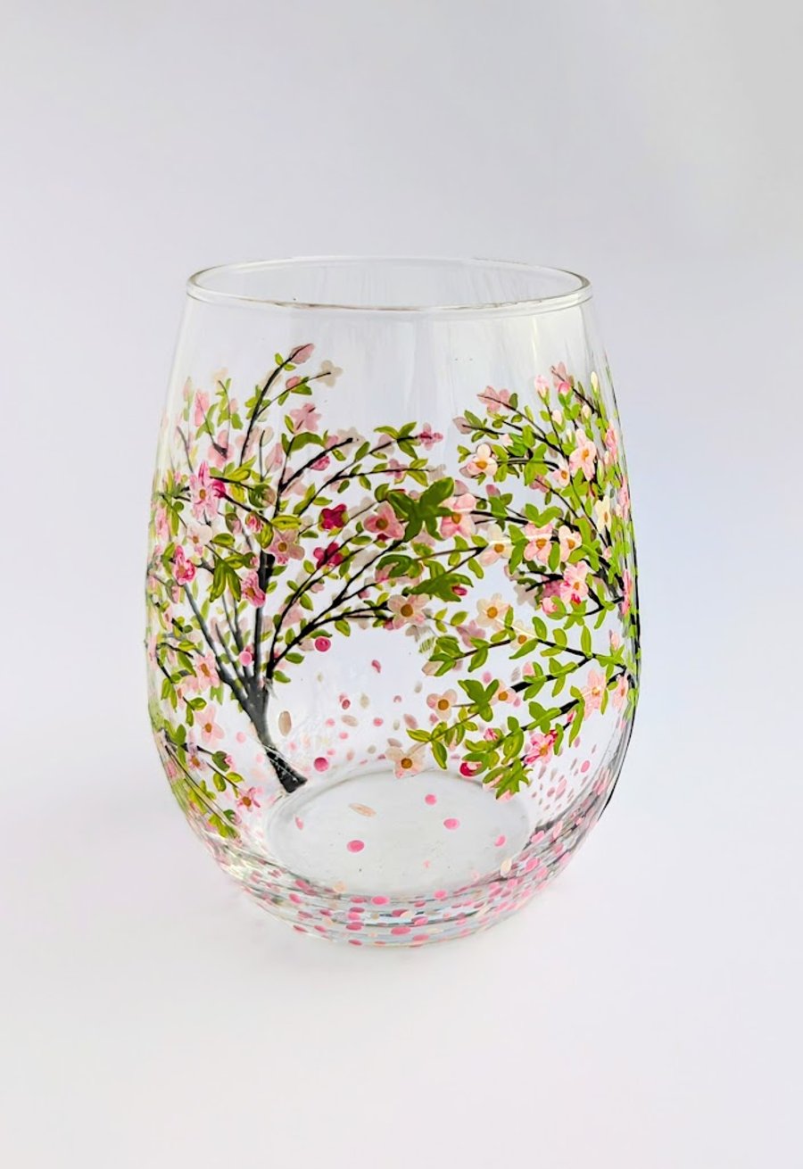 Bespoke Hand Painted Stemless Wine Glass Tumbler: Cherry Blossam