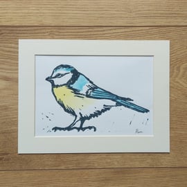 Blue Tit Linoprint with watercolour