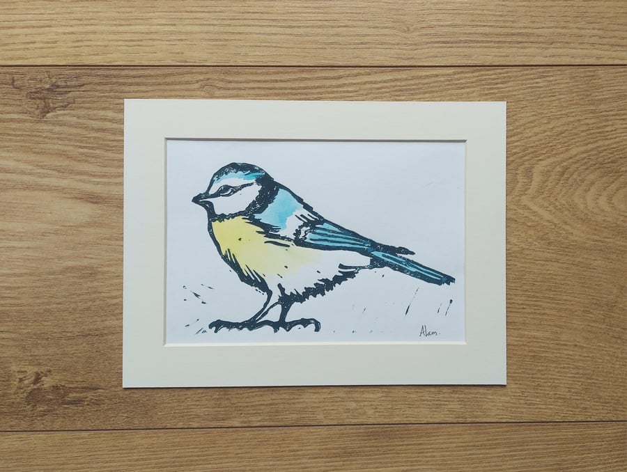 Blue Tit Linoprint with watercolour