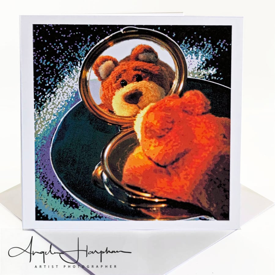 Blank Square Card - Cute Bear and Vintage Mirror.