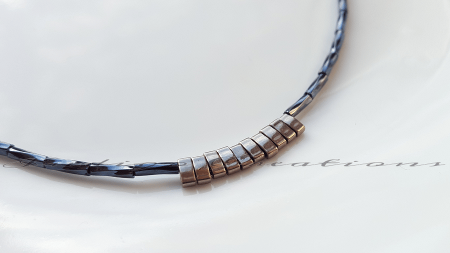 Necklace Silver Half Tila Bead With Slate Blue Twisted Bugle And Seed Bead