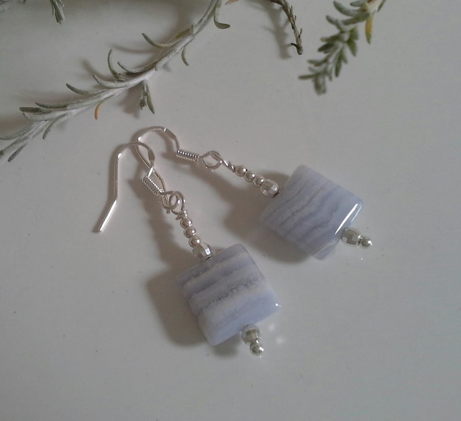 Dainty Natural Blue Lace Agate Earrings Sterling Silver