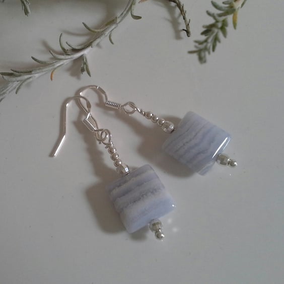 Dainty Natural Blue Lace Agate Earrings Sterling Silver