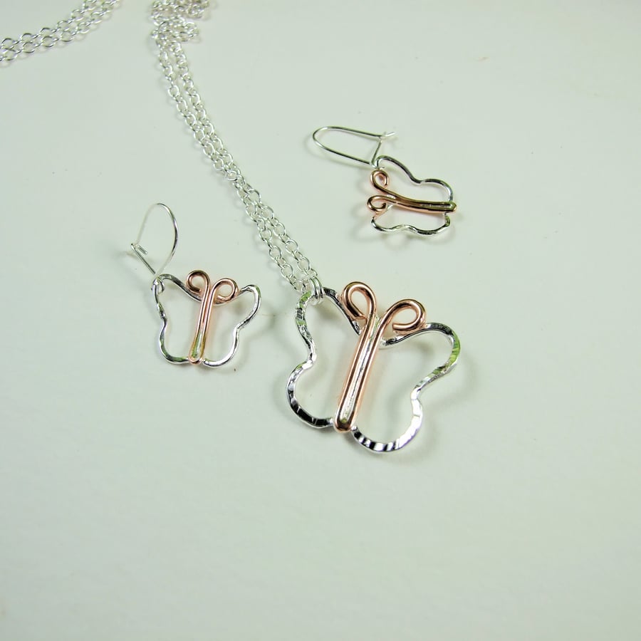 Butterfly Necklace and Earring Set, Sterling Silver and Copper