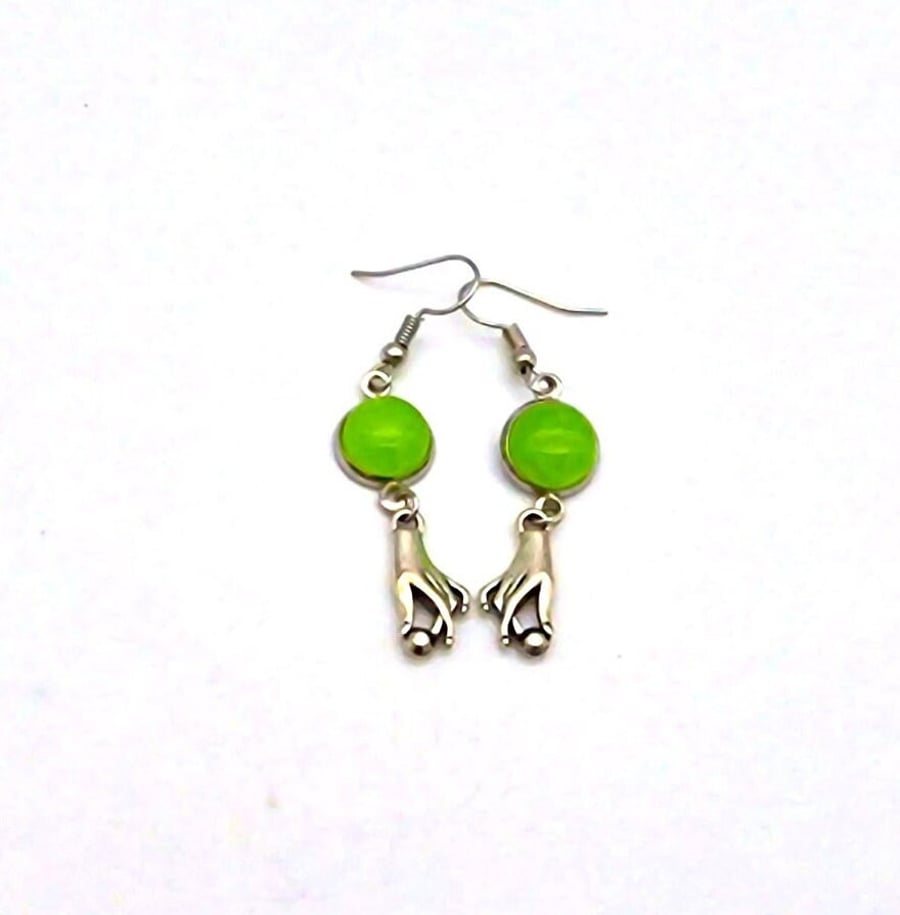 Lime Green Prehnite Jade Gemstone Dangle Earrings With Hand Pendants