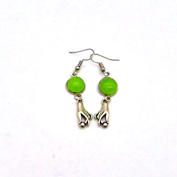 Lime Green Prehnite Jade Gemstone Dangle Earrings With Hand Pendants