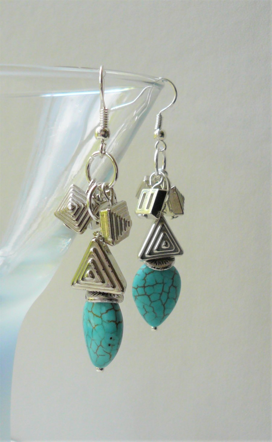 Turquoise Howlite Silver Geometric Dangle Earrings   KCJ2111