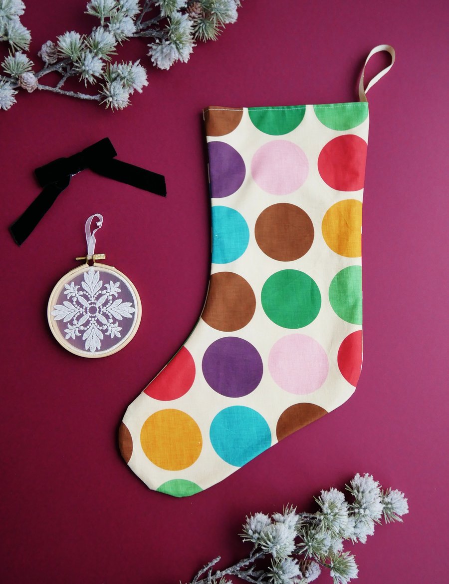 Christmas Stocking with Lage Rainbow Polka Dot Design - Large