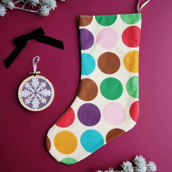 Christmas Stocking with Lage Rainbow Polka Dot Design - Large