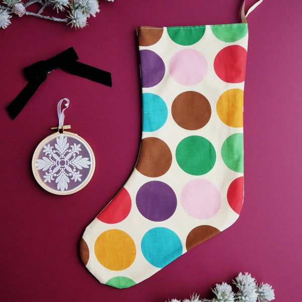 Christmas Stocking with Lage Rainbow Polka Dot Design - Large