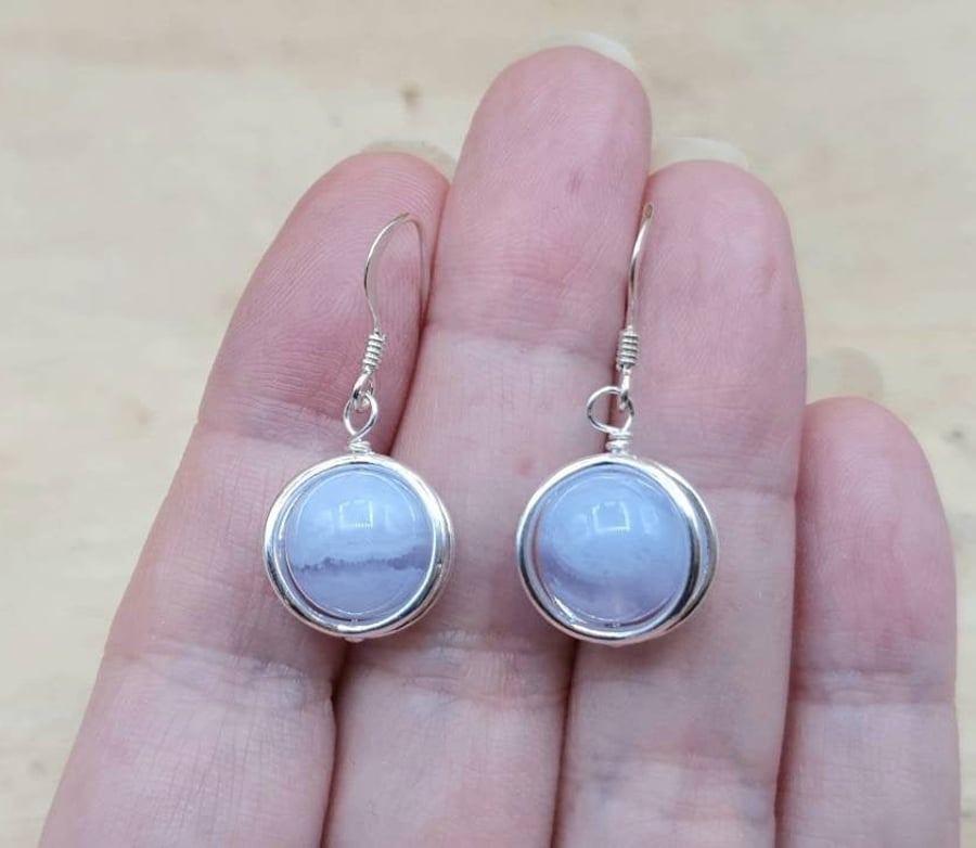 Blue lace agate earrings. Sterling silver circle
