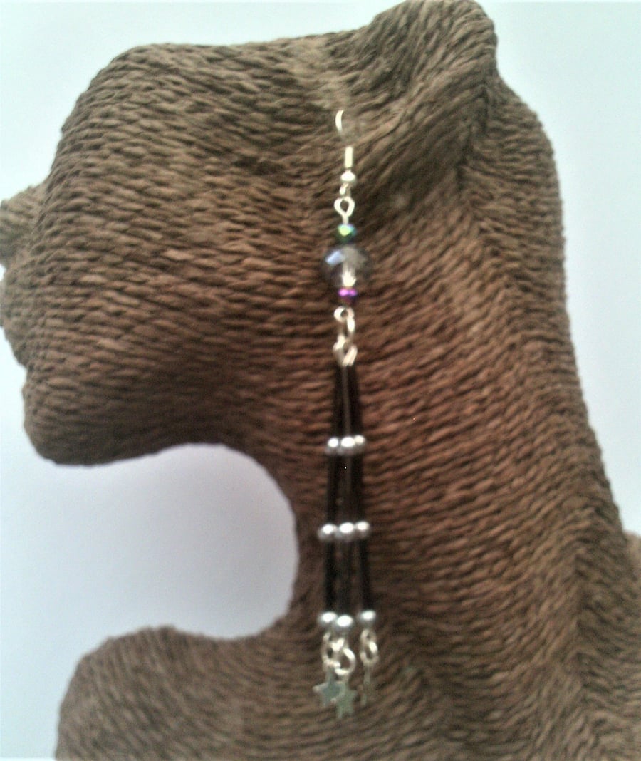 Black & Silver Dangle Earrings, Star Charm Long Seed Bead Earrings