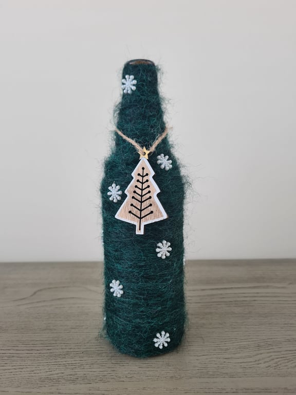 Green Yarn Christmas Bottle - Rustic Festive Decor - Snowflake and Tree Detail