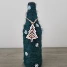 Green Yarn Wrapped Bottle,Rustic Festive Decor,Snowflake and Tree Detail
