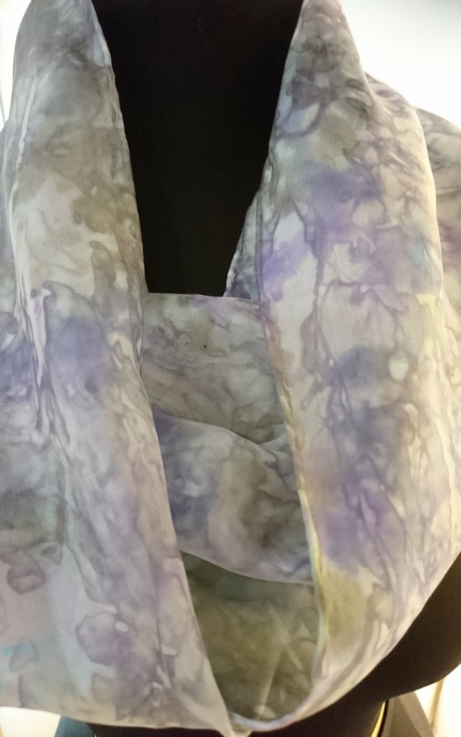 Lilac and Olive vintage look Infinity style - Hand Painted Silk Scarf