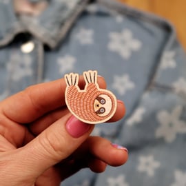 Sloth wooden pin badge, gift for animal lover, cute brooch.
