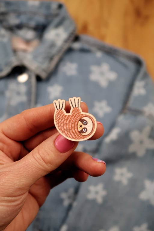 Sloth wooden pin badge, gift for animal lover, cute brooch.