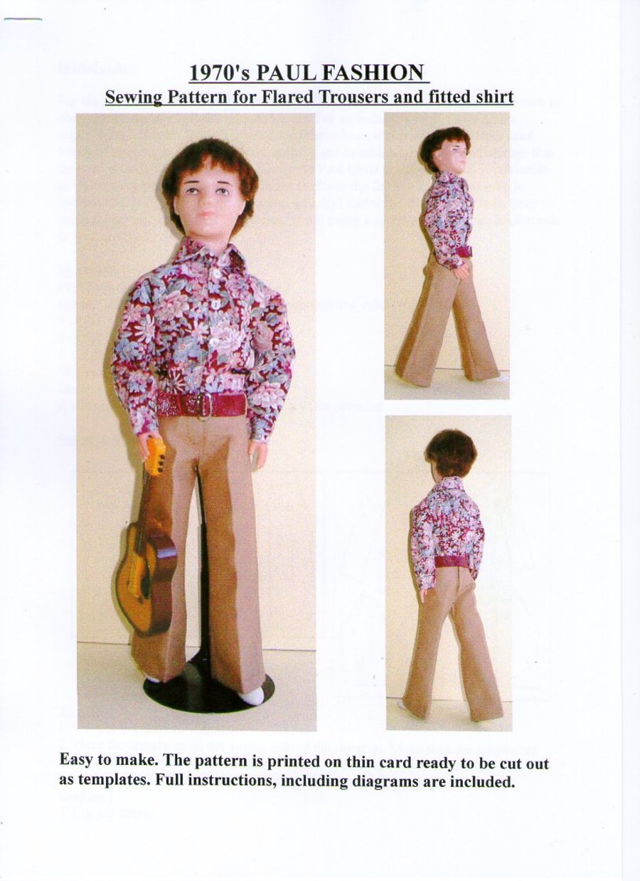 Sewing Pattern for Paul or Ken doll. 1970's Flared Trousers and Shirt