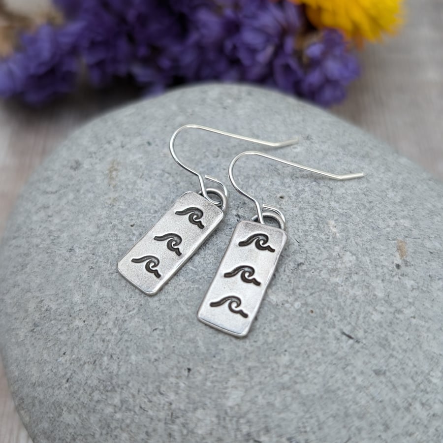 Sterling Silver Line Textured Rectangle Drop Earrings