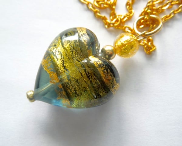 Murano glass green and gold Murano glass heart pendant.