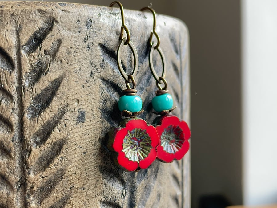 Red & Turquoise Czech Glass Flower Earrings. Colourful Jewellery for Summer