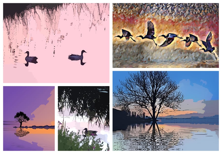 Water & Birds Greeting Art Card A5 