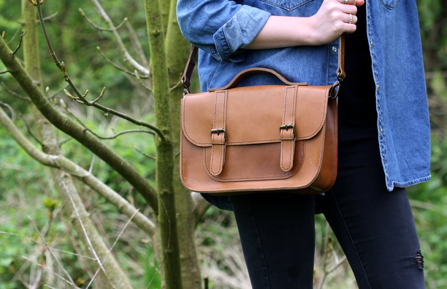 Leather Satchel Hand Stitched Tan Brown Bag Briefcase Shoulder Bag