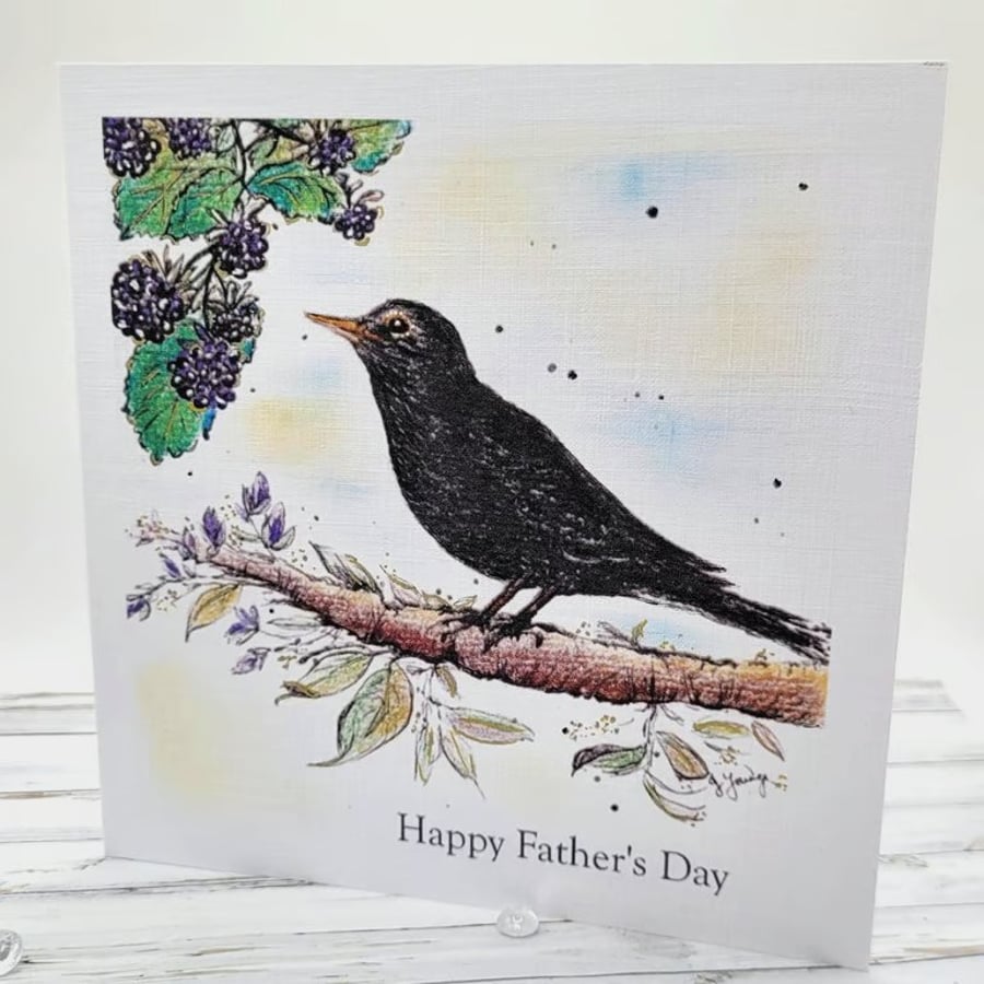 Father's Day Card - blackbird, berries, original art card