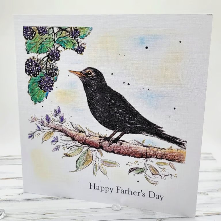 Father's Day Card - blackbird, berries, original art card