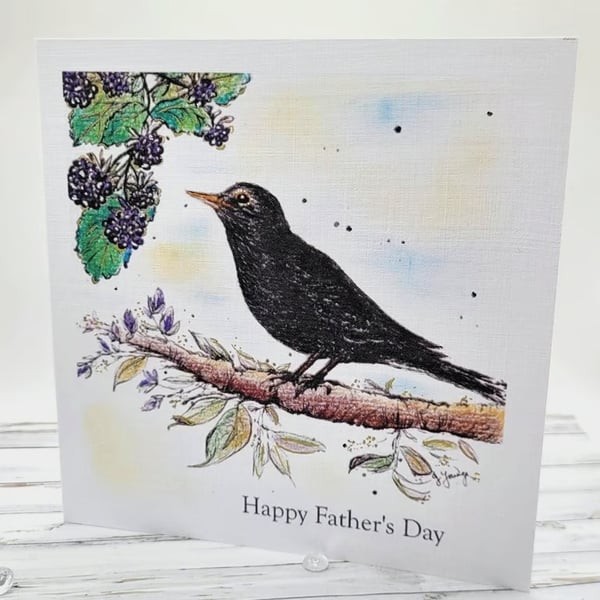 Father's Day Card - blackbird, berries, original art card