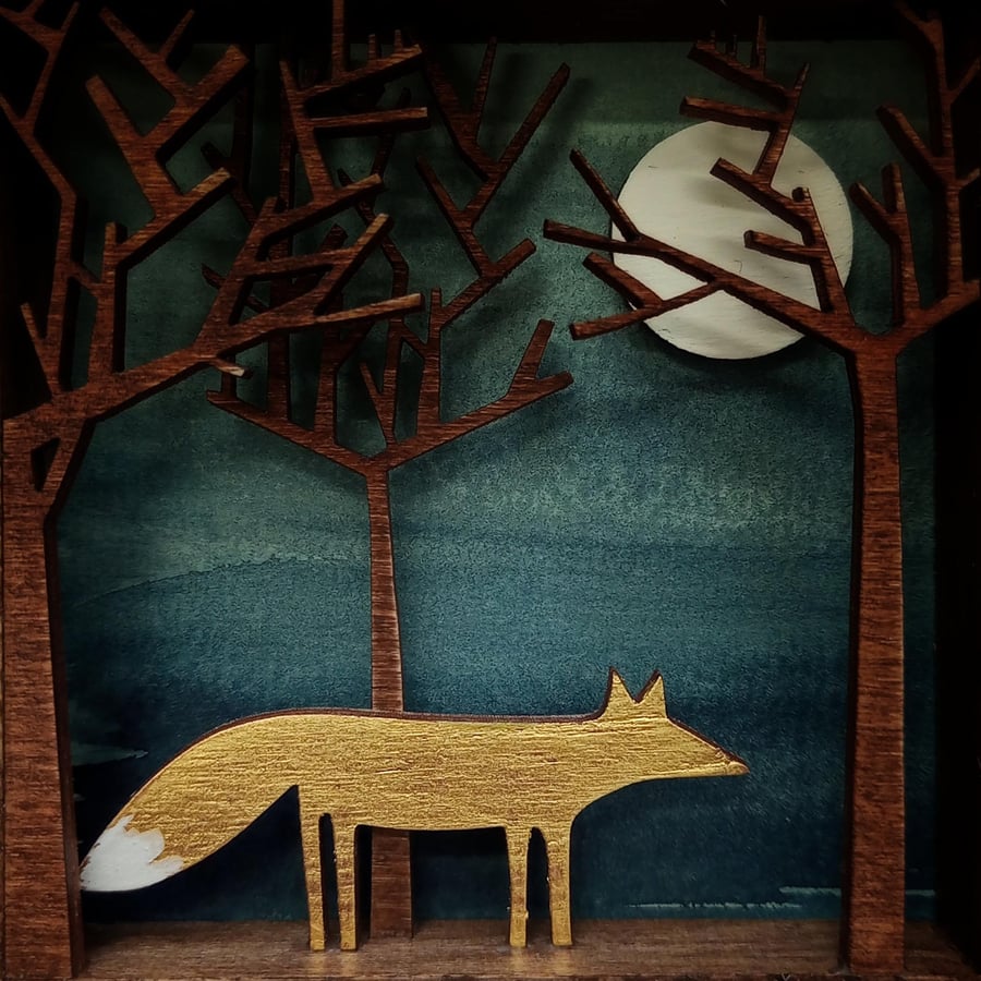 Fox Diorama Picture, Gold Leaf, Enchanted Forest Shadow Box, Folk Art
