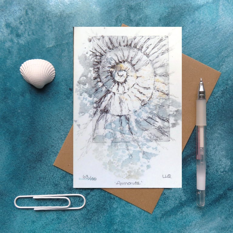 Ammonite fossil no.63 blank greeting card from an original etching cello free