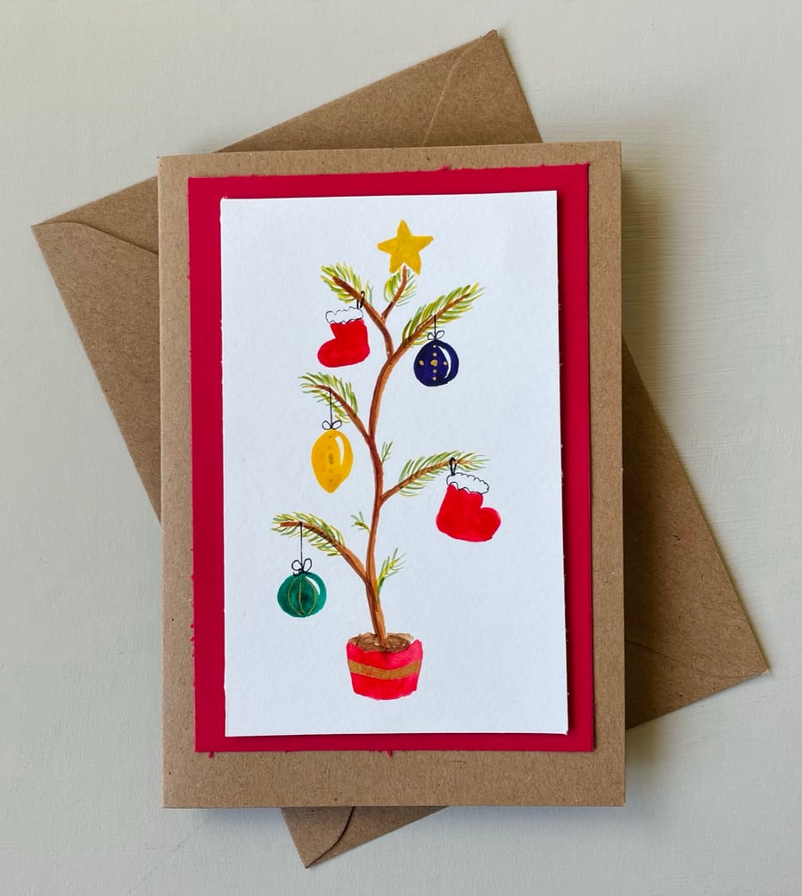 Seconds Sunday Christmas card, little tree with stockings and baubles