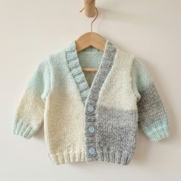 Hand knitted baby boy cardigan, newborn, baby gift, baby shower ivory, grey