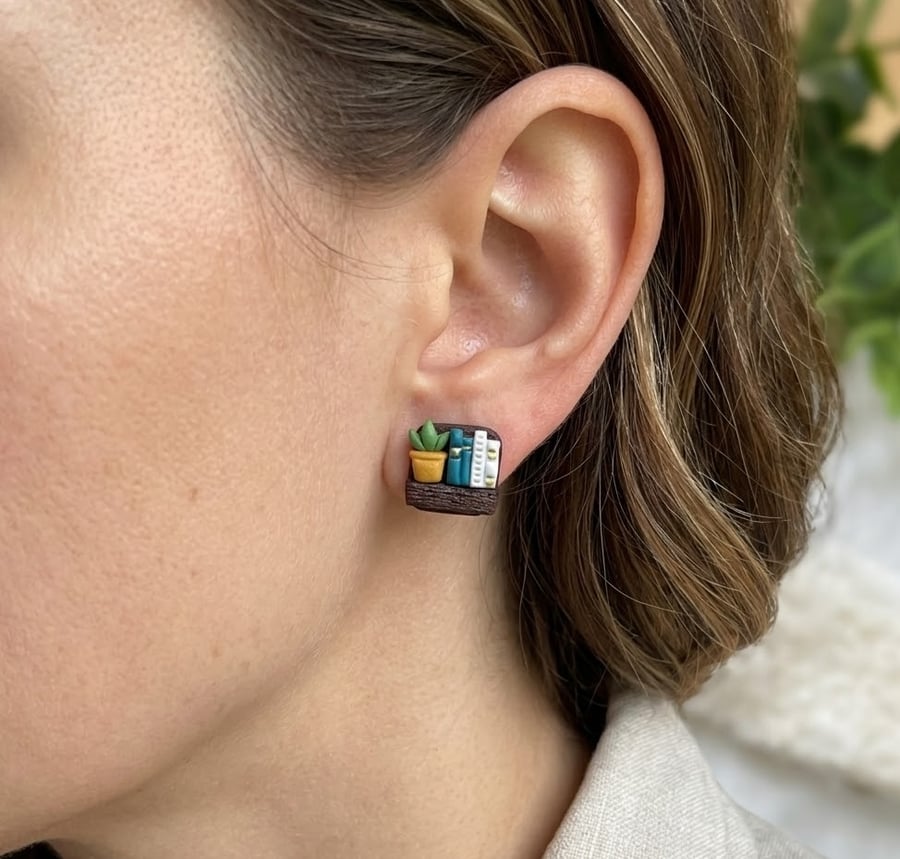 Miniature Bookshelf Earrings, Gift for Book Lover, Tiny Library Earrings
