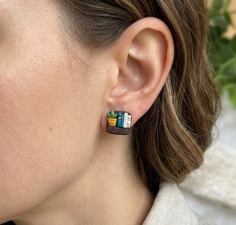 Miniature Bookshelf Earrings, Gift for Book Lover, Tiny Library Earrings